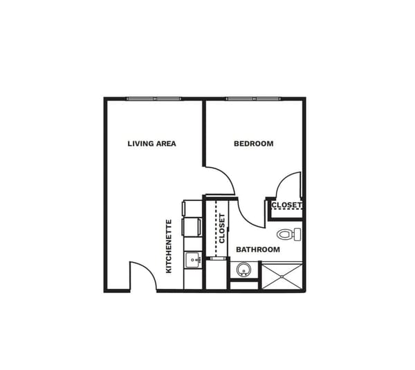 An illustrated floor plan image of a One Bedroom apartment.