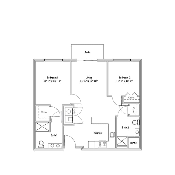 Architectural floor plan of a two-bedroom unit
