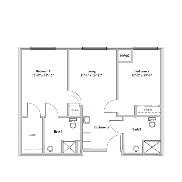 Architectural floor plan of a two-bedroom unit