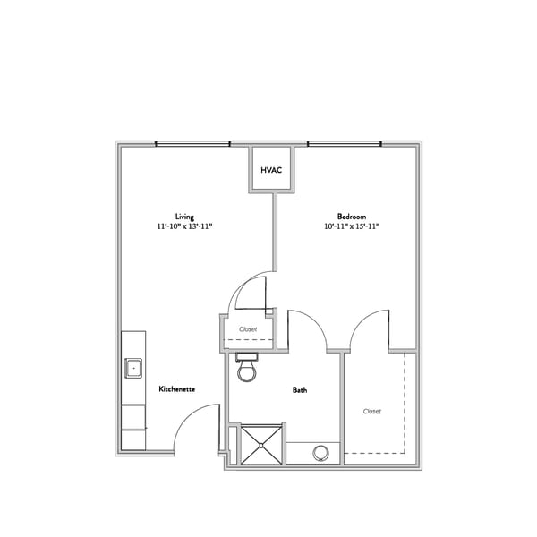 Architectural floor plan of a one-bedroom unit