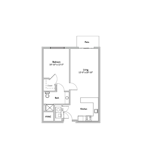 Architectural floor plan of a one-bedroom apartment
