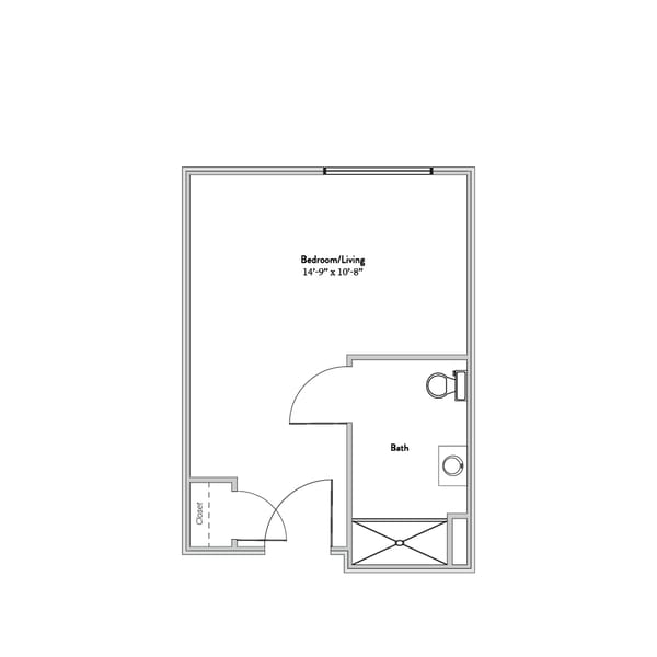 Architectural floor plan of a bedroom/bath unit