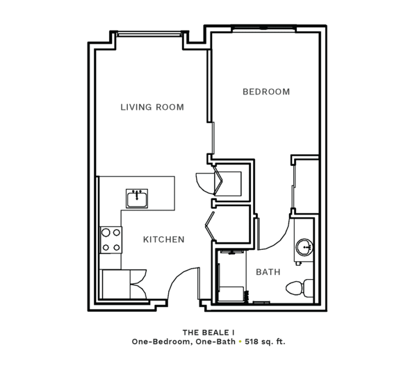 Layout of "The Beale I" - one-bedroom, one-bath with 518 sq. ft.