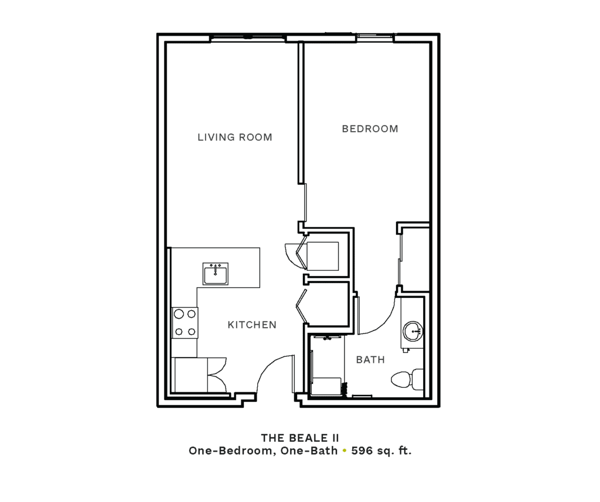Layout of "The Beale II" - one-bedroom, one-bath with 596 sq. ft.