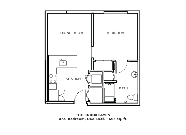 Layout of "The Brookhaven" - one-bedroom, one-bath with 527 sq. ft.