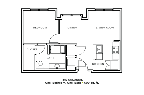 Layout of "The Colonial" - one-bedroom, one-bath with 600 sq. ft.