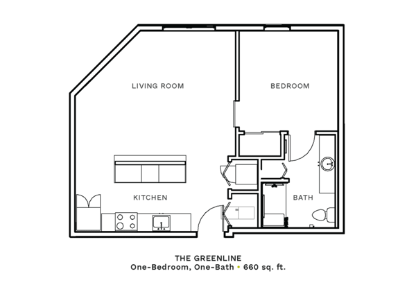 Layout of "The Greenline" - one-bedroom, one-bath with 660 sq. ft.
