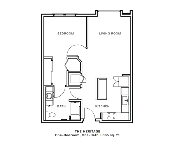 Layout of "The Heritage" - one-bedroom, one-bath with 665 sq. ft.