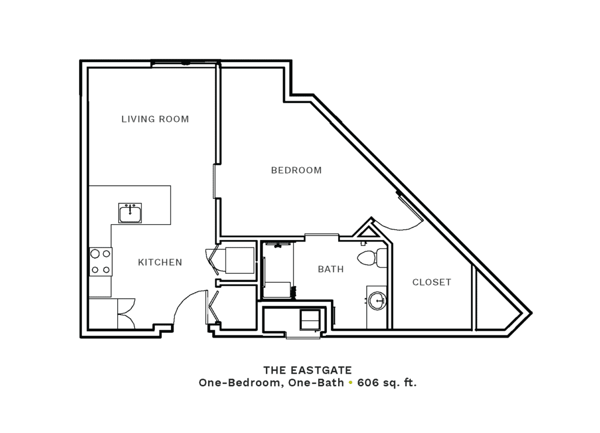 Layout of "The Eastgate" - one-bedroom, one-bath with 606 sq. ft.