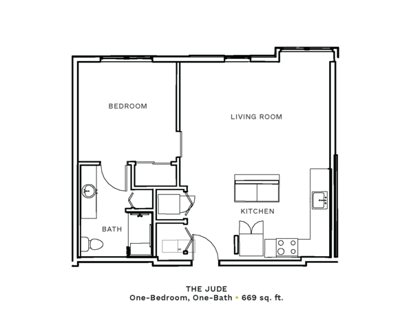 Layout of "The Jude" - one-bedroom, one-bath with 669 sq. ft.