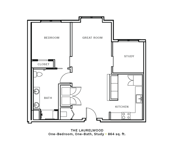 Layout of "The Laurelwood" - one-bedroom, one-bath with 864 sq. ft.