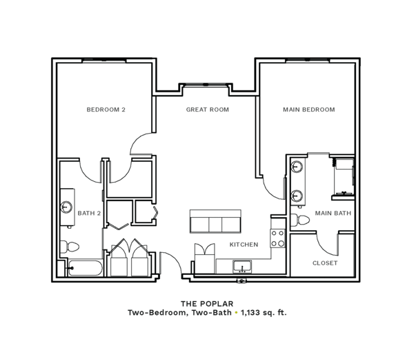 Layout of "The Poplar" - two-bedroom, two-bath with 1,133 sq. ft.