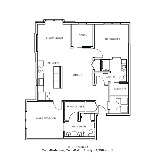 Layout of "The Presley" - two-bedroom, two-bath, one-study with 1,256 sq. ft.