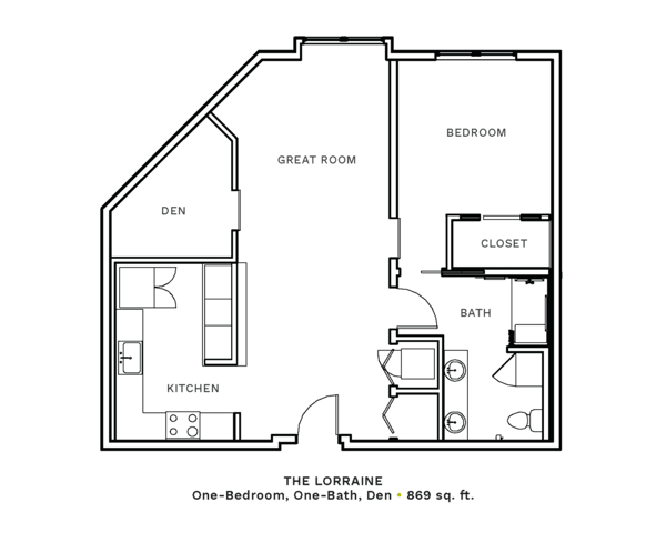 Layout of "The Lorraine" - one-bedroom, one-bath, one-den with 869 sq. ft.