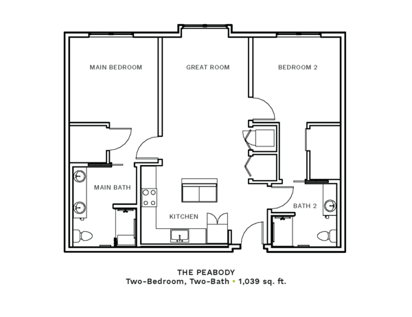 Layout of "The Peabody" - two-bedroom, two-bath with 1,039 sq. ft.