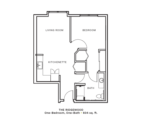Layout of "The Ridgewood" - one-bedroom, one-bath with 604 sq. ft.
