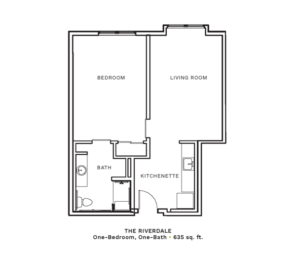 Layout of "The Riverdale" - one-bedroom, one-bath with 635 sq. ft.