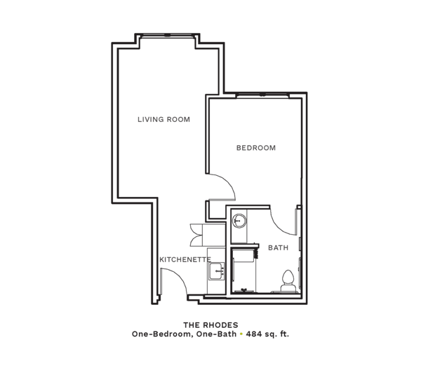 Layout of "The Rhodes" - one-bedroom, one-bath with 484 sq. ft.