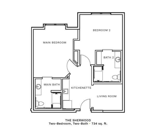 Layout of "The Sherwood" - two-bedroom, two-bath with 734 sq. ft.