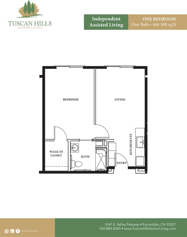 Tuscan Hills one bedroom floor plan for assisted living in Escondido