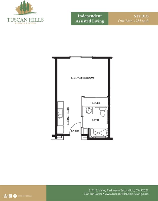 Tuscan Hills studio floor plan for assisted living in Escondido