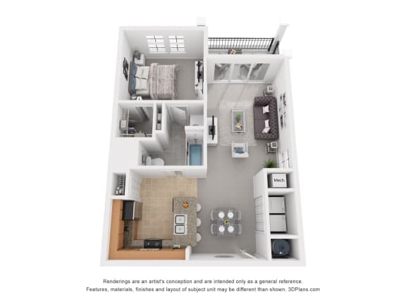 Floor Plan  a stylized floor plan of a 1 bedroom apartment