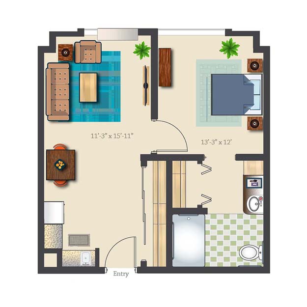 One Bedroom 598 sq. ft. Assisted Suite