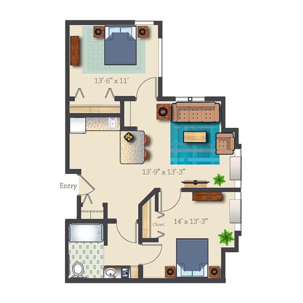 Two Bedroom 858 sq. ft. Assisted Suite