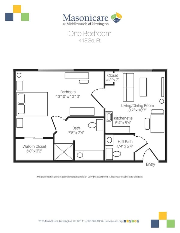 1 Bedroom 1.5 Bath Floor Plan