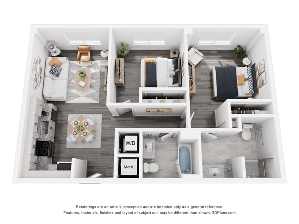 A top-down view of a modern apartment floor plan featuring two bedrooms, a livin