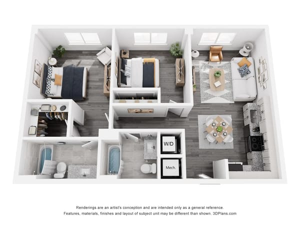 A top-down view of a 2-bedroom apartment floor plan featuring two bedrooms, a li