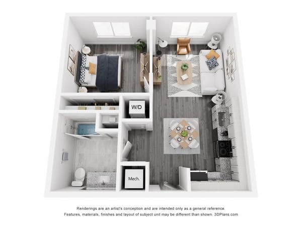 A 3D rendering of a small apartment floor plan featuring a living area, bedroom,