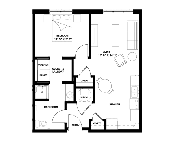 Graceview Courtyard One Bedroom IL floor plan showing a 2D layout with one bedro