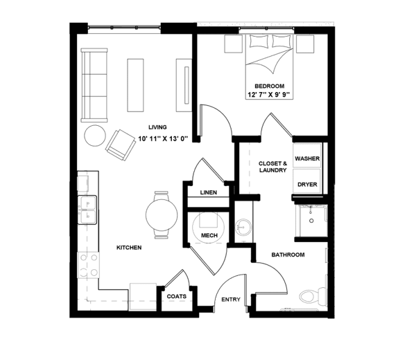 Graceview Courtyard One Bedroom Fully Accessible IL floor plan showing a 2D layo