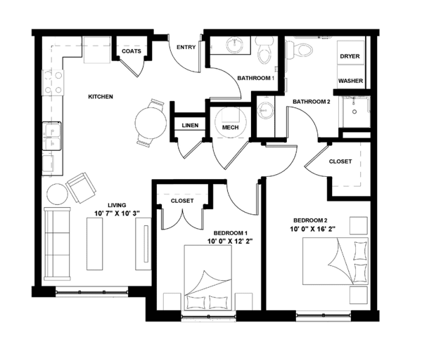 Graceview Courtyard Two Bedroom Fully Accessible IL floor plan showing a 2D layo