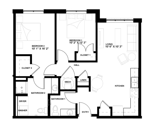 Graceview Courtyard Two Bedroom IL floor plan showing a 2D layout with two bedro