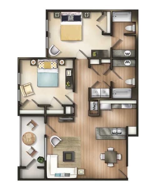 Floor Plan  A detailed 3D floor plan of a house layout.