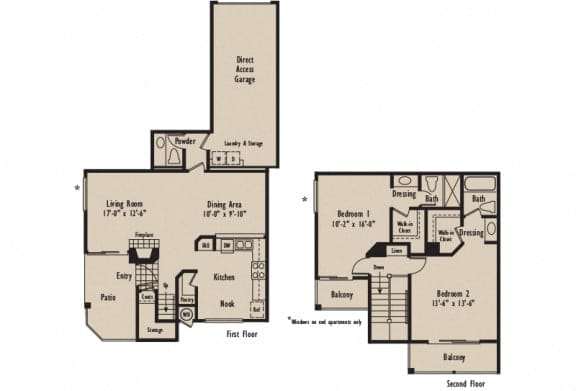 D2 - 2 Bedroom 2.5 Bath Floor Plan Layout - 1251 Square Feet at Harbor Pointe, D