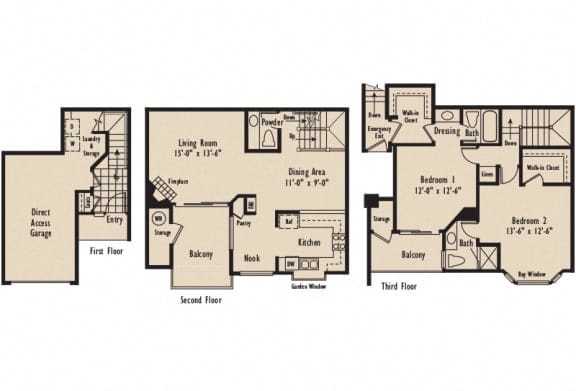 D5 - 2 Bedroom 2.5 Bath Floor Plan Layout - 1272 Square Feet at Harbor Pointe, D