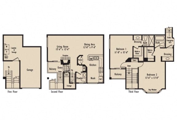 D6 - 2 Bedroom 2.5 Bath Floor Plan Layout - 1200 Square Feet at Harbor Pointe, D