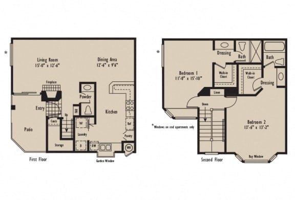 D - 2 Bedroom 2.5 Bath Floor Plan Layout - 1240 Square Feet at Harbor Pointe, Ca