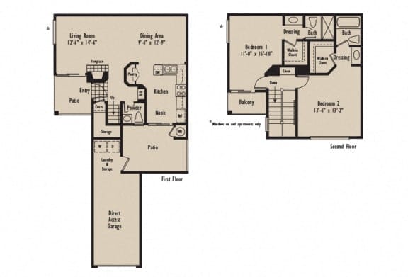 D1 - 2 Bedroom 2.5 Bath Floor Plan Layout - 1211 Square Feet at Harbor Pointe, C