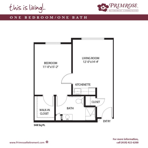 Architectural floor plan of a one-bedroom unit