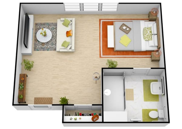 Single senior resident studio floor plan at Orchard Ridge Residences