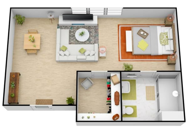 Double senior resident courtyard studio floor plan at Orchard Ridge Residences