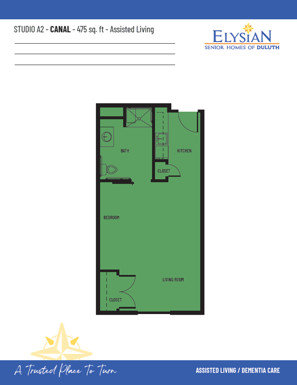 Studio A2 Canal - 475Sqft - Elysian Of Duluth Floor Plan