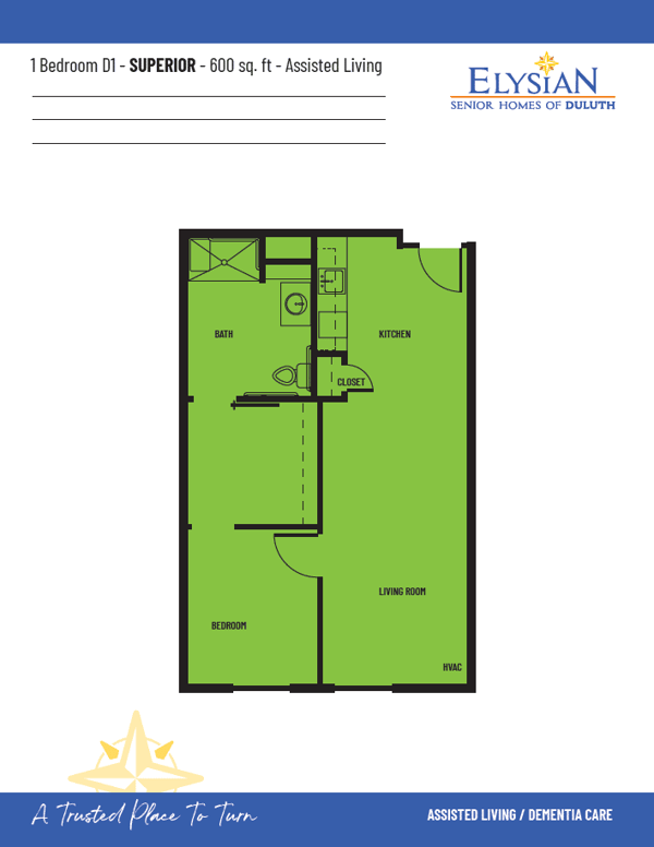 1 Bedroom D1 Superior 600Sqft - Elysian Of Duluth Floor Plan