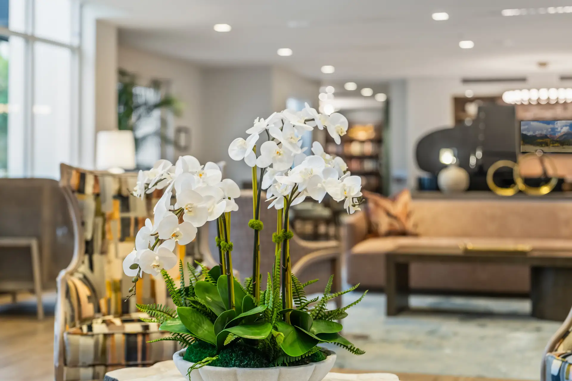 Decorative flower arrangement in a common area