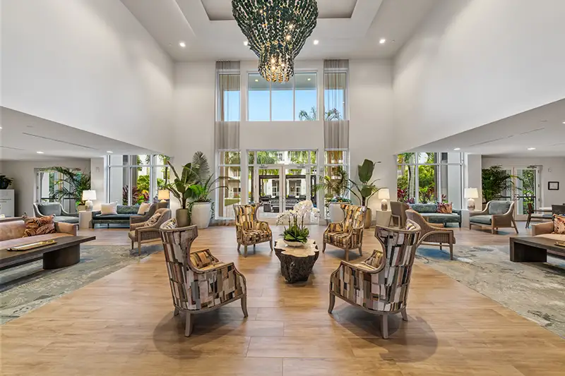 Bright and spacious common area in a senior living facility