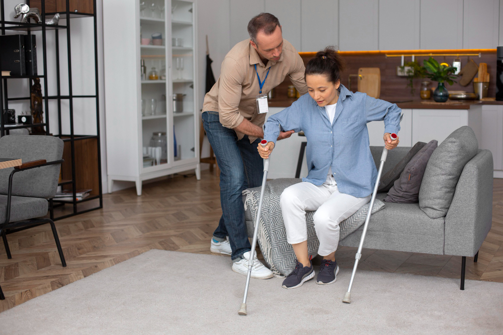 Caregiver assisting a resident with crutches.